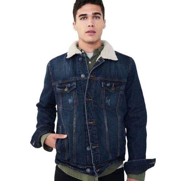 Aeropostate Sherpa-Lined Dark Wash Denim Trucker Jacket Winter Jacket Men Sz M - Picture 2 of 16
